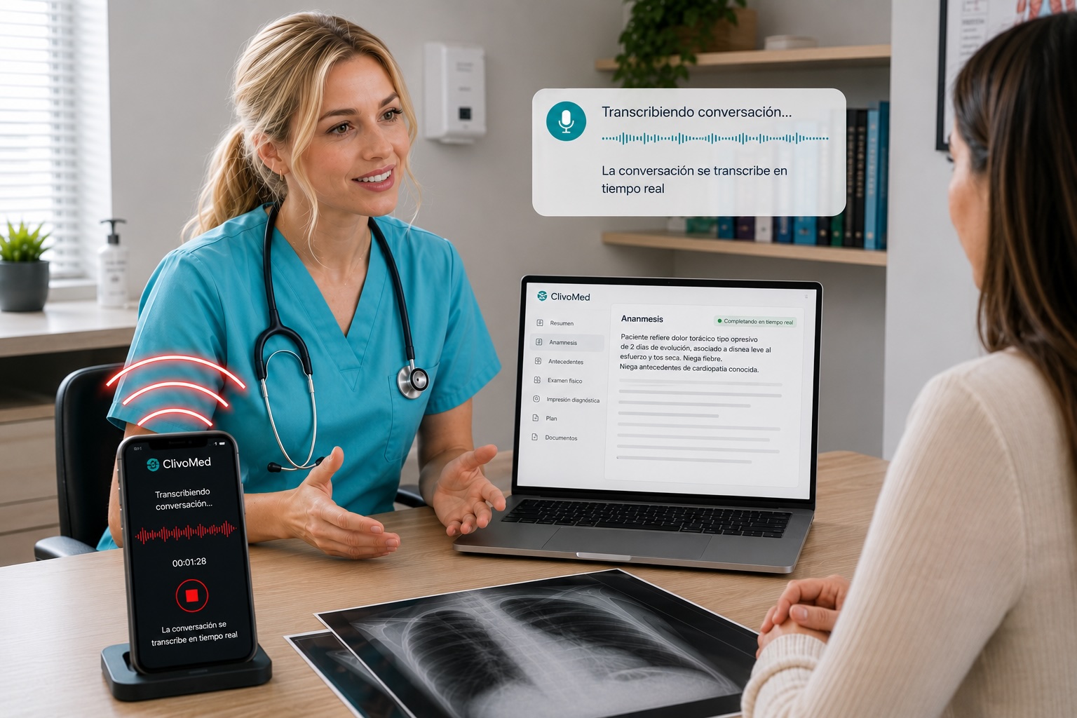 Una médica atiende a su paciente mientras ClivoMed transcribe la consulta en tiempo real en el teléfono y estructura la ficha en el computador